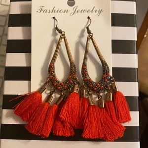 Red fringe earrings